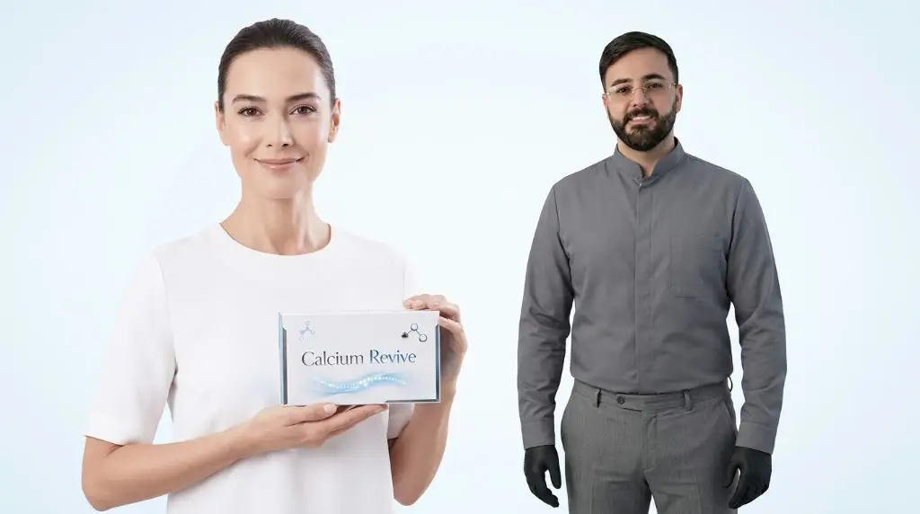 מטופלת מחזיקה את אריזת Calcium Revive לצד רופא