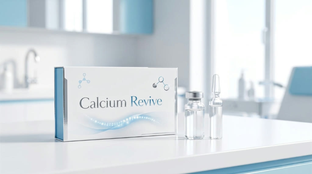 אריזת Calcium Revive ובקבוקוני התכשיר בקליניקה